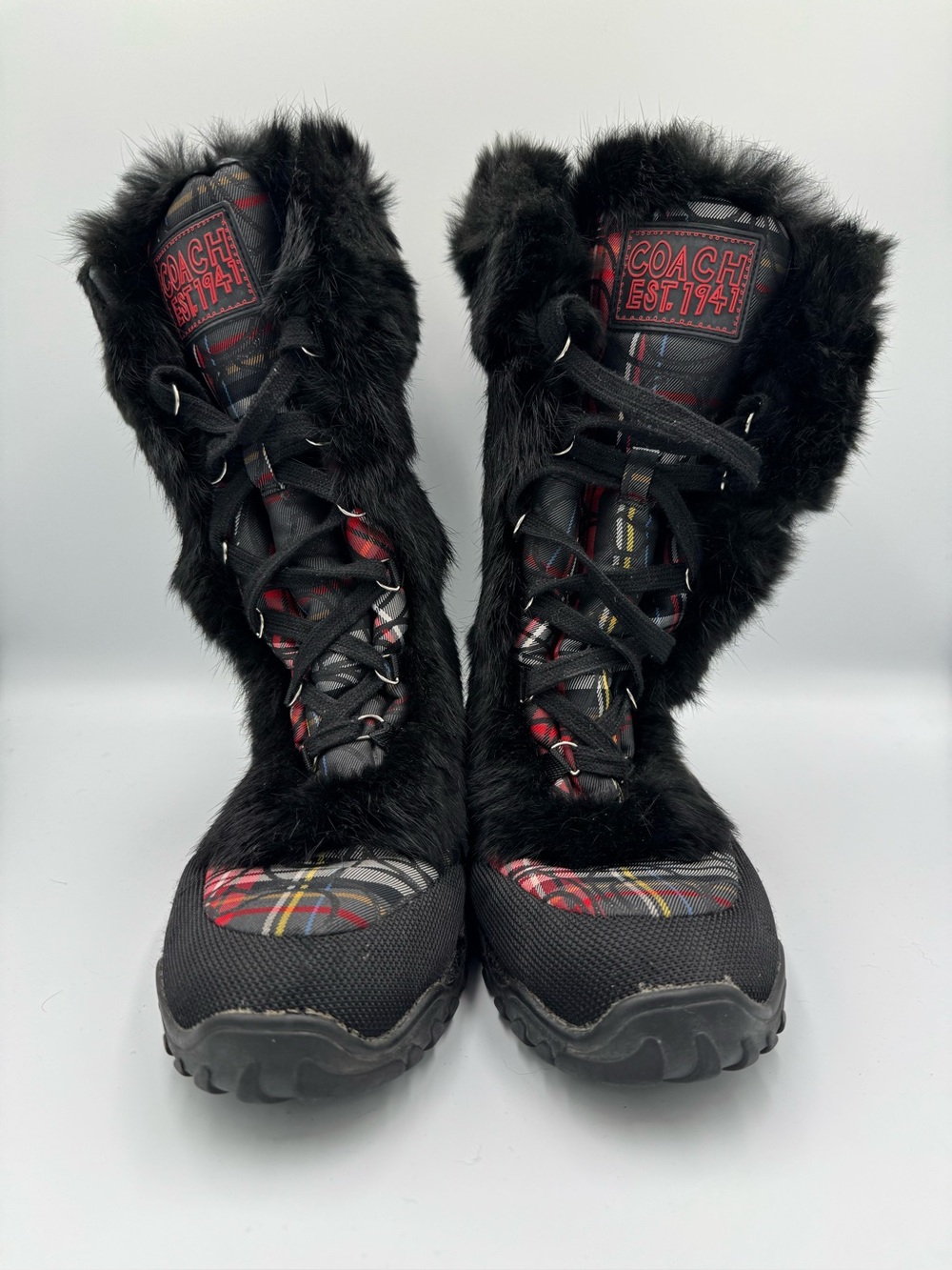 COACH Jennie Black Faux Fur Plaid Winter Boots, RARE! Sz 10